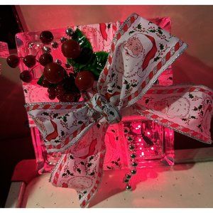Glass Block Red Lights Inside Santa Ribbon Under Tree‎ Table Top 8” Square